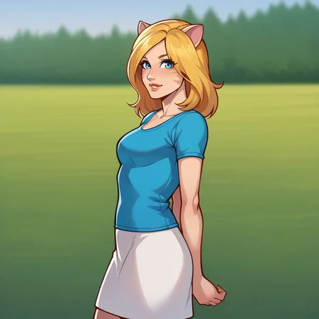score_8_up, BREAK, SUNSHINEGOODNESS, 1girl, solo, blonde hair, blue eyes, animal ears, cat ears, blue shirt, short sleeves, white skirt, <lora:SunshineGoodness_PXL_Leaf1:0.8>, cowboy shot, arms at sides, depth of field, looking at viewer,