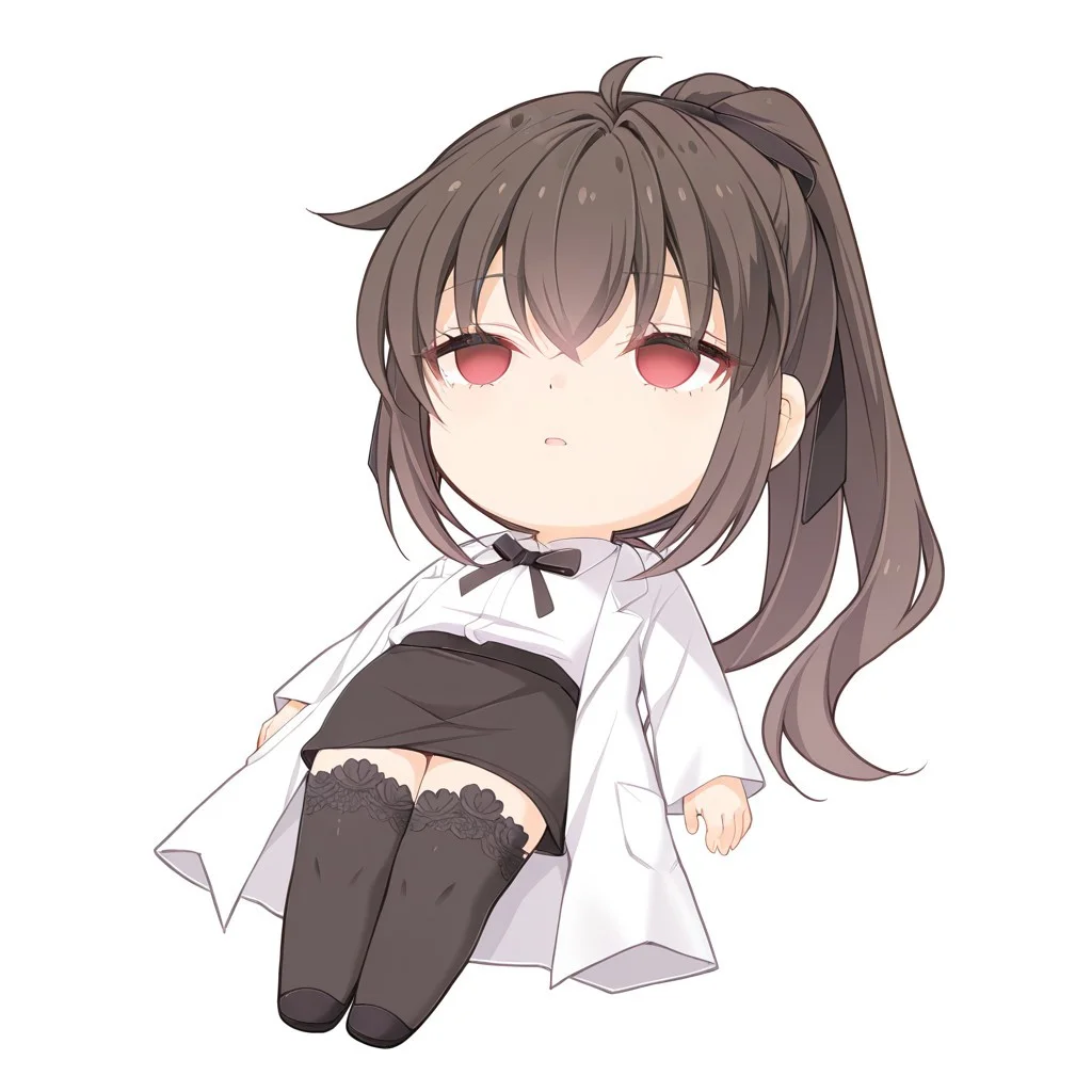 masterpiece, best quality, newest, chibi, full body, lying, on back, empty eyes, solo, 1girl, simple background, white background, UraKanna, red eyes, ponytail, long hair, brown hair, black hair ribbon, lab coat, lace-trimmed thighhighs, black thighhighs