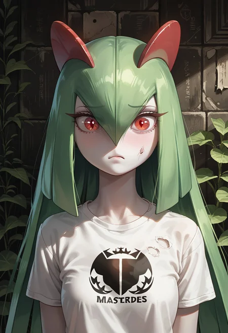 (((Kirlia))), female, anthro, pale white skin, score_9,score_8_up,score_7_up, masterpiece, best_quality, ultra-detailed, masterpiece, 1girl, solo, kirlia, very long hair, red eyes, afraid, perfect face, thick eyeliner, hourglass body, high quality, low light, dramatic lighting, darkness, intricate details, portrait, ((face focused)), wearing ripped dirty black t-shirt, detailed background, post-apocalypse background, ruined house, overgrown with plants, (perfect eyes:1.3,((cat pupils))),dvr-lnds-sdxl, combinestyle