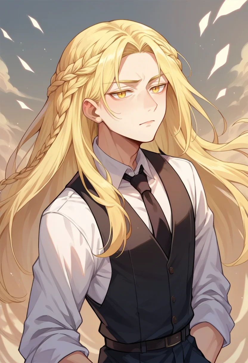score_9, score_8_up, score_7_up, source_anime, <lora:wrenchEldenRingSoteMiquella:1>, ersotemiquella, blonde hair, 1boy, braid, long hair, yellow eyes,
black tie \(suit\), formal, necktie,