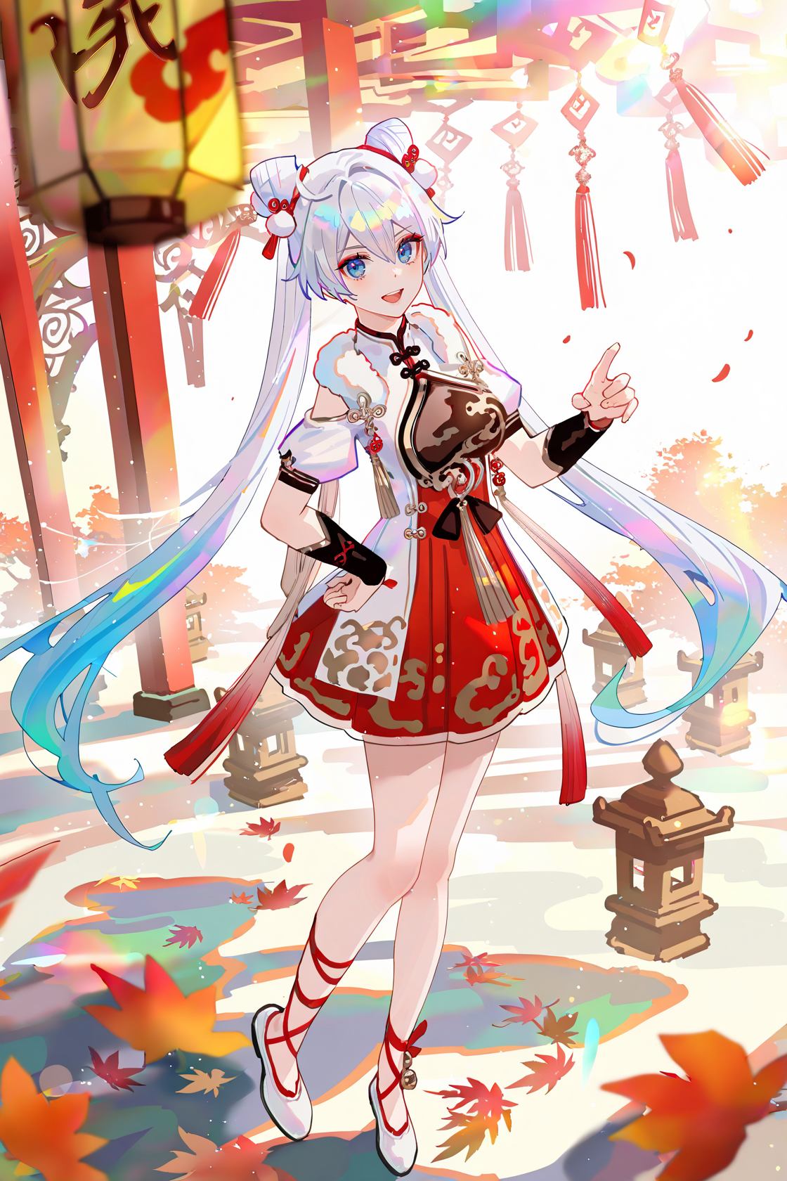 8k, best quality, masterpiece, (ultra-detailed), (high detailed skin), 
((artist:reoen),(artist:fuzichoco),(artist:atdan),(artist:torino_aqua),year 2024:0.8)1girl, [artist:wlop], [artist:ningen_mame], artist:ciloranko, [[artist:rhasta]], artist:tidsean, colorful, detailed light, light leaks, sunlight, bokeh, blurry foreground, ray tracing, lens flare, cinematic lighting, 
full body, full shot, standing, looking at viewer, (solo:1.2), simple background, (white background:1.2), hand on own hip, (white background:1.3), 
<lora:kiana-young-noob-Tanger:0.8>, 
kiana kaslana, xuetu, xuetu clothes, 10th clothes, 1girl, blue eyes, white hair, bangs, long hair, double bun, chinese clothes, new year clothes