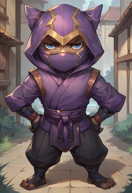 score_9, score_8_up, score_7_up, score_6_up, 1boy, solo, k3nn3n, hood, mask, yordle, solo, 1boy, male focus, hood up, blue eyes, pants, gloves, outdoors, looking at viewer, solo, standing, hands on hips,<lora:Kennen_Default_v2-000028:0.7>, ninja