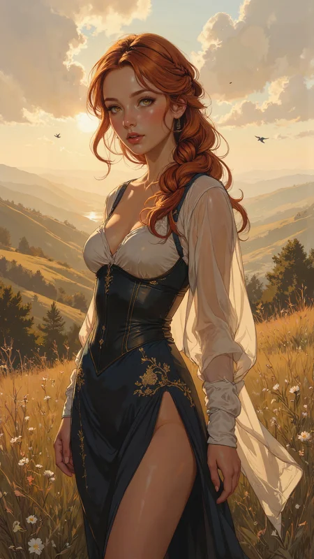 High-resolution anime-style illustration with impressionistic influences, soft, painterly brushstrokes blending misty pastels and warm earth tones. A young woman stands atop a rolling hill, the early morning mist swirling around her legs as the first rays of sunlight gently illuminate the landscape. Her long, reddish hair is styled into intricate braided twintails, with wisps framing her face, catching the golden light. She wears a fitted, dark blue corset over a flowing, high-slit skirt with delicate gold embroidery, revealing form-fitting thigh-high stockings. A sheer, lightweight shawl drapes over her arms, fluttering in the breeze. Her warm, contemplative eyes gaze dreamily into the distance, where layers of hills fade into the mist. In the foreground, wildflowers sway gently, while small birds glide through the crisp air. Subtle beams of light pierce through the fog, casting soft highlights on her silhouette and enhancing the serene, poetic atmosphere.   <lora:ILLUSTRATION_(FLUX)_-_V3.1:0.6> <lora:Anime_Art_V3:0.6> <lora:PinkieSoftcoreAnimeFLUX:0.8>
