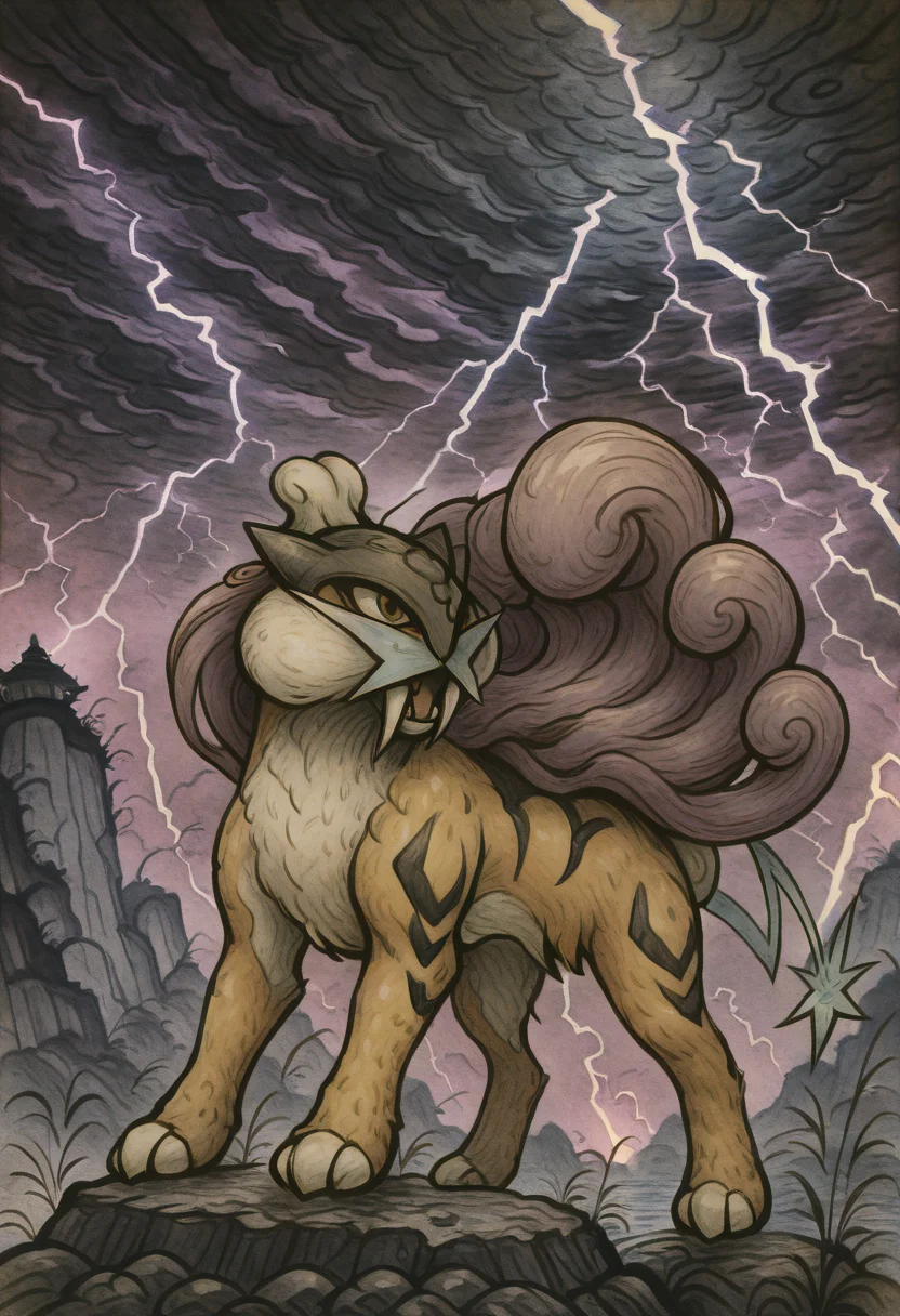 masterpiece, best quality,     y0k4i,zzRaikou, lightning,   ,<lora:RaikouPokedex_IXL_v1:1.0>,  <lora:YokaiPokedex_IXL:1.0>,