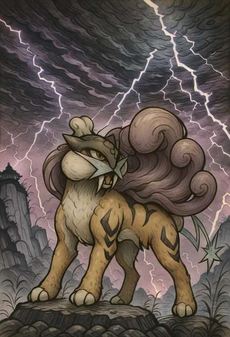 masterpiece, best quality,     y0k4i,zzRaikou, lightning,   ,<lora:RaikouPokedex_IXL_v1:1.0>,  <lora:YokaiPokedex_IXL:1.0>,