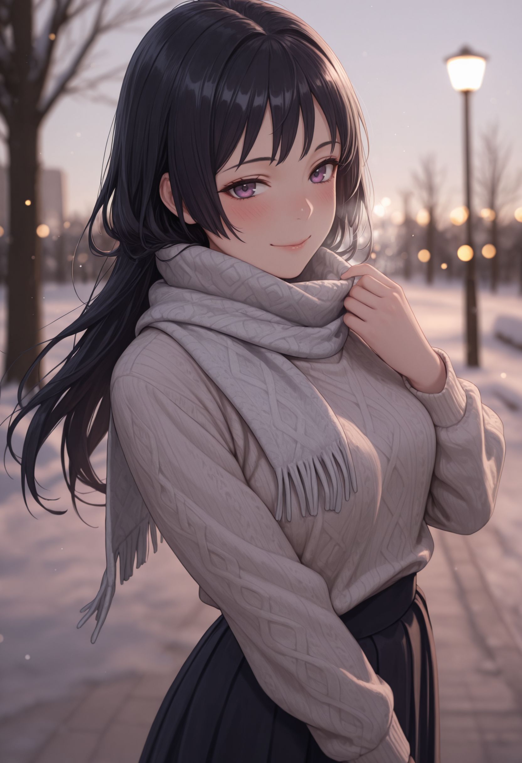 masterpiece,best quality,absurdres,highres,very aesthetic,high quality,detailed,insanely detailed,beautiful,perfect lighting, ,depth of field,blurry background,bokeh, 
 <lora:Awatsuki Maaya illu:1> 1girl, black hair, long hair, purple eyes,  smile, 
turtleneck sweater, long skirt, outdoors, scarf, winter, smile, blush