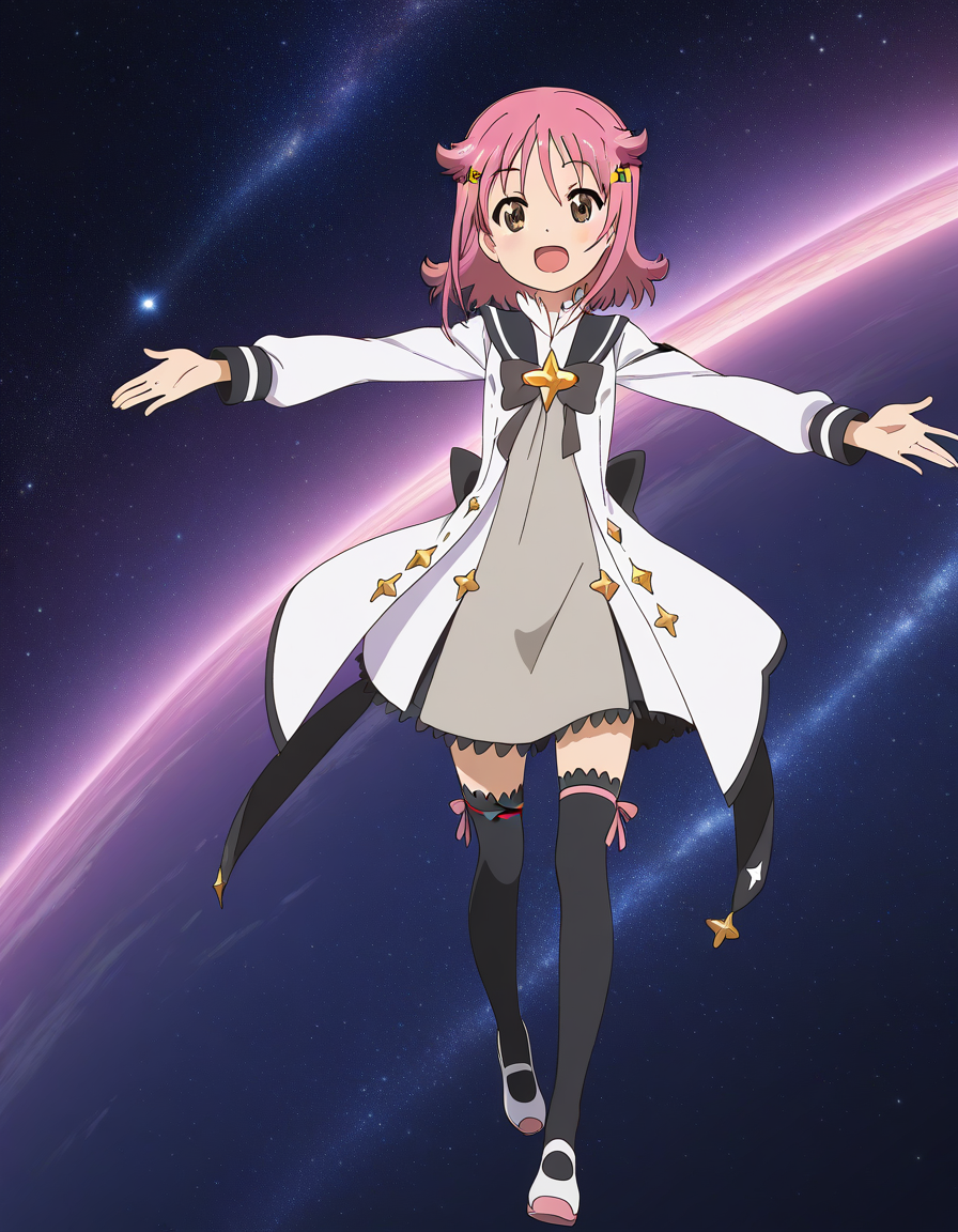 general,highres, ultra-detailed,very aesthetic,best quality ,best hands,  BREAK <lora:Subaru_Houkago_no_Pleiades_IS:1>subaru(Pleiades), 1girl, pink hair, short hair, brown eyes, star hair ornament, anime coloring,
 solo, school uniform, star (symbol), thighhighs, star (sky), smile, open mouth, hairclip, pink eyes, space, shoes, black thighhighs, dress, sky, zettai ryouiki, :d
galaxy, star,