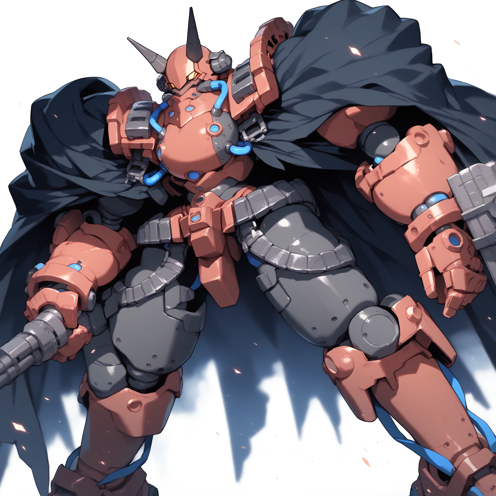 (score_9:1.2), score_8_up, score_7_up, source_anime , best quality,<lora:volkein-pony-002:1>, robot, solo, no humans, mecha, cape, horns, weapon, white background, volkein, black cape
