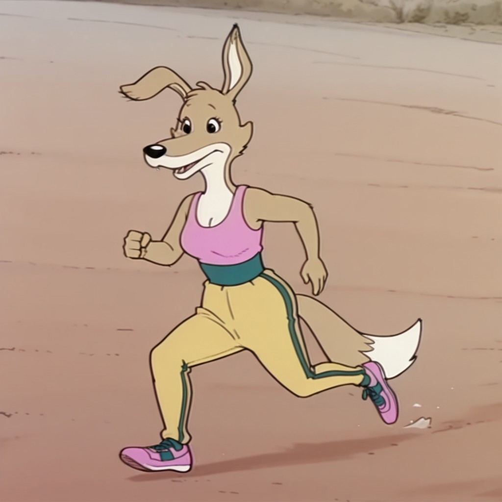 masterpiece, best quality, amazing quality, daisybbil, semi-anthro, female, dingo, brown fur, black eyes, tail, pink tank top, green waistband, yellow pants, green stripe, pink and green shoes, jogging, in woods, solo,
