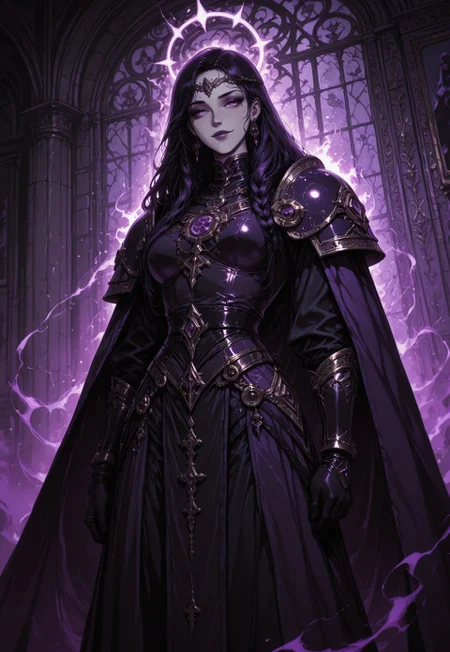 Unfazedfantasii
A mystical woman with a serene expression,
vantablack, a digital fantasy artwork depicting a fantasy character with a dark, mystical theme. The character is a girl with light skin, sharp facial features, and long, braided dark hair. She is wearing an elaborate, dark armored outfit with intricate patterns and glowing purple accents. The armor includes a chest plate, shoulder guards, and a flowing skirt-like extension with geometric designs. The character is surrounded by a glowing purple halo, adding a magical aura to the scene. The background is a deep, dark shade, enhancing the ethereal and enigmatic atmosphere of the artwork. The character's expression is confident and slightly aloof, with a slight smirk on her face. The overall composition is centered, with the character standing upright, exuding a sense of power and mystery. oil-painting, romanticism, painting, elegance, opulence, beautiful, painterly, detailed, textural, artistic, aesthetic, intricate details, highly detailed, vivid, vibrant,
There are floating purple aura adding to the magical atmosphere. The art style is highly detailed, cinematic, and fantasy-inspired, with a focus on dramatic lighting, soft glows, and a slightly dark, mystical mood.