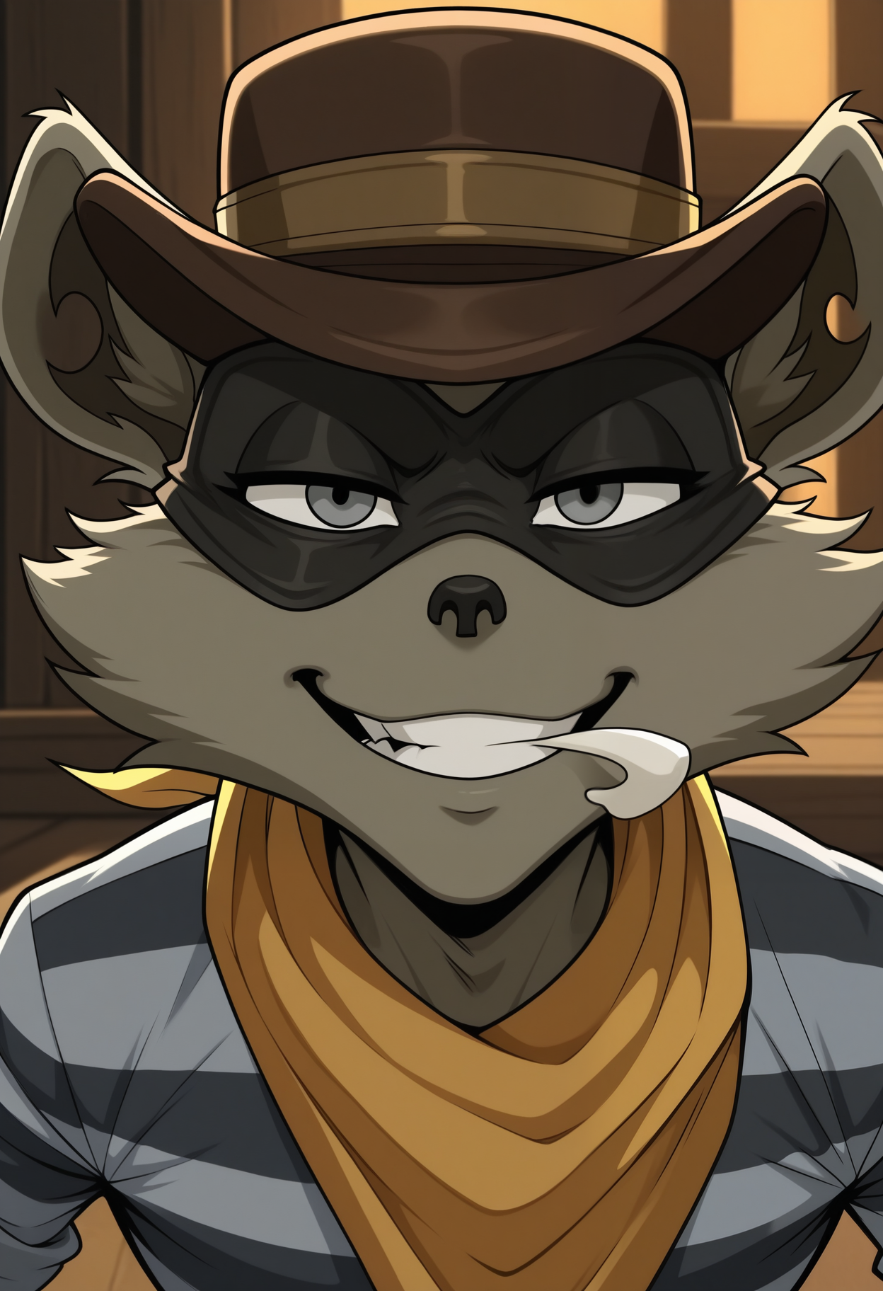 masterpiece,best quality,amazing quality, 1boy, solo, t3nn3ss33, raccoon boy, grey fur, grey eyes, eye mask, cowboy hat, scarf, jail shirt, close up, white object in mouth, smile, cocky, 