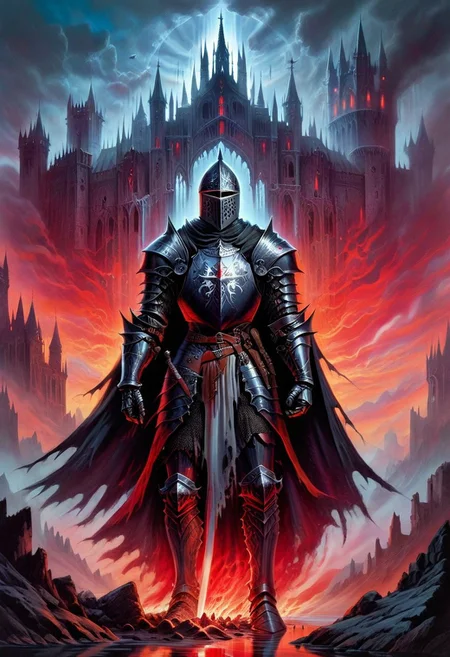black armor, black knight, score_10, score_9, score_9_up, score_8_up, score_7_up, masterpiece, best quality, duo focus, multiple_boys, 2boys,, two figures, 1980s Fantasy Style, knight, gothic, full plate armor, armor, black, cloak, hood, sword, heavy armor, shield, ghost, reflection, spirit, translucent, red mist, paladin, fighter, rogue, vivid color, castle,