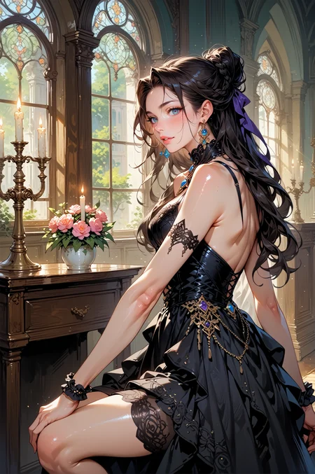 score_9, score_8_up, score_7_up, score_6_up, score_5_up, score_4_up, 1girl, (portrait, upper body), highly detailed, fantasy theme, opulent, sexy girl, (leaning on windows:1.2), eye contact, reflection, slender long legs, fetal position, holding legs, (one knees up:1.2), in a bedroom, shiny skin, blush, melancholic, candlelit room, flowers, room full of decorations, boudoir, romantic, light rays shining through windows, (black lace dress), long dress, LAstargalaxydress, <lora:LAstargalaxydressXL:0.9>, BREAK, highly detailed, gem earrings,<lora:hand 4:0.3> , <lora:Fant5yP0ny:0.6>