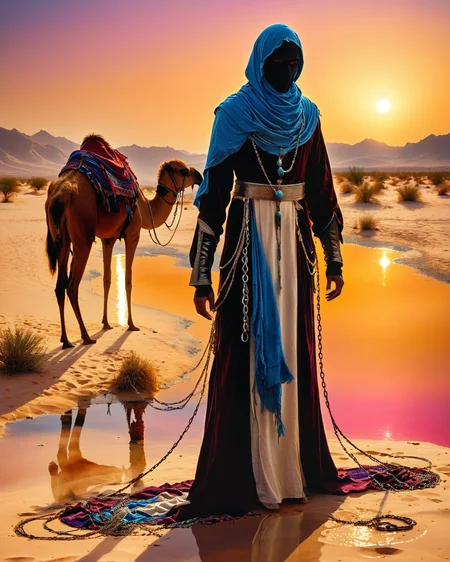 male hooded human sorcerer standing at a desert oasis, velvet, chains, water, reflections, sunset hour, intense colors, high contrast, camels, Bedouin warriors, <lora:add-detail-xl:1.0>, <lora:xl_more_art-full_v1:0.4>, <lora:XSfenlie:1> fenliexl, <lora:lora:1>, realistic photo