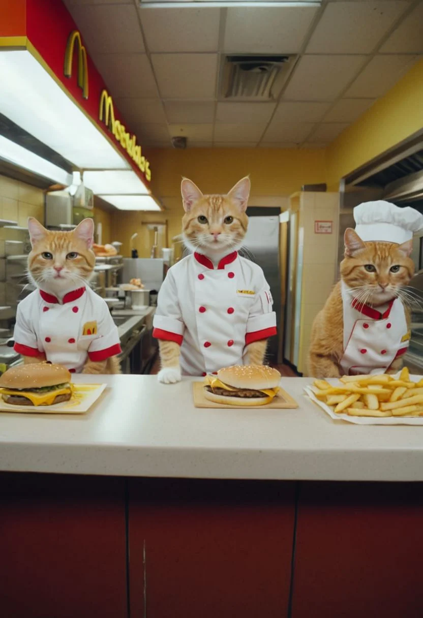 A McDonald's restaurant interior shot run by anthropomorphic cute little cats wearing McDonald's CHEF themed kitchen clothes, serving Cheeseburgers all in Wes Anderson cinematography.