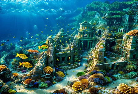 underwater scene, ancient ruins of a merfolk civilization, diagonal god rays, coral structures, stone buildings, colorful fish, lost civilization ruins, sea creatures in underwater gardens, soft glow, filtered surface light, atlantis, concentric islands, otherworldly metropolis, utopian society, lush vegetation engulfing ancient ruins, (masterpiece, incredible detail, ultra high detail:1.1), Hyperdetailed, vivid colors, modern era photograph, 8k Ultra HD, perfect composition, soft natural volumetric cinematic light, (photorealism:1.1), idealized American city, plazas, modern era photograph, skyscrapers, monumental architecture