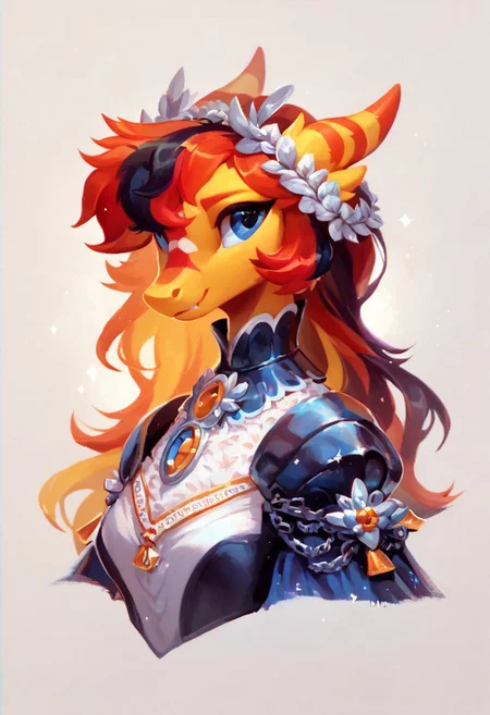 8k, score_9, score_8, score_7, velociraptor dragon, with lovely two-tone hair on her head, her hair goes down to her middle back, fur with markings, as well as beautiful eyes, solo focus, warrior princess, in knightly dress, scenic backdrop