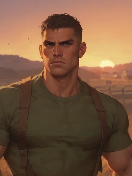 Bara, wide face, masculine, score_9_up, score_8_up, score_7_up, score_6_up, serious mature cowboy on farm, sunset, buzz-cut hair, stubble, black hair, green shirt, suspenders, rugged face, broad jaw, bulky, strong, hulking, cowboy shot, rural background, golden hour, best_quality, masterpiece, 1man, solo, male focus, gritty, expressive, depthof field, dof, blurred background , gears of war


