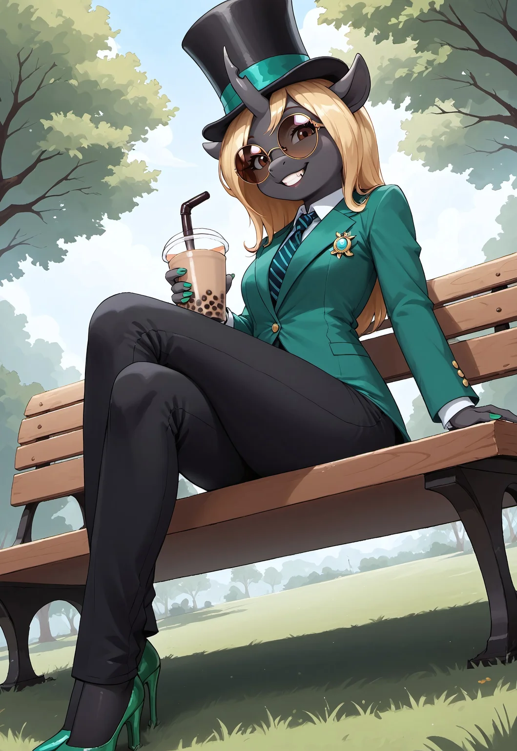 masterpiece, score_9_up, score_8_up, score_7_up, score_6_up, source_pony, (best quality:1.1), ultra-detailed, high resolution, solo, highly detailed macro illustration BREAK 1girl, (Helvia), changeling queen oc, anthro, black skin, shiny skin, long blonde mane, (brown eyes), look at viewer, (round sunglasses:1.4), crooked horn, ears, slim body, (sly expression, evlil face:1.3), grin, fang out BREAK green suit, green nails, gold brooch, black pants, long top hat, necktie, (dark socks:1.3), (green high heels:1.4) BREAK close-up, from below, sitting on bench, legs crossed, (holding bubble tea:1.3) BREAK outside, green park, trees, grass, day, sunny BREAK sharp focus, perfect lighting, anatomically correct, extremely detailed, high detail, detailed background, OverallDetail, zPDXL3