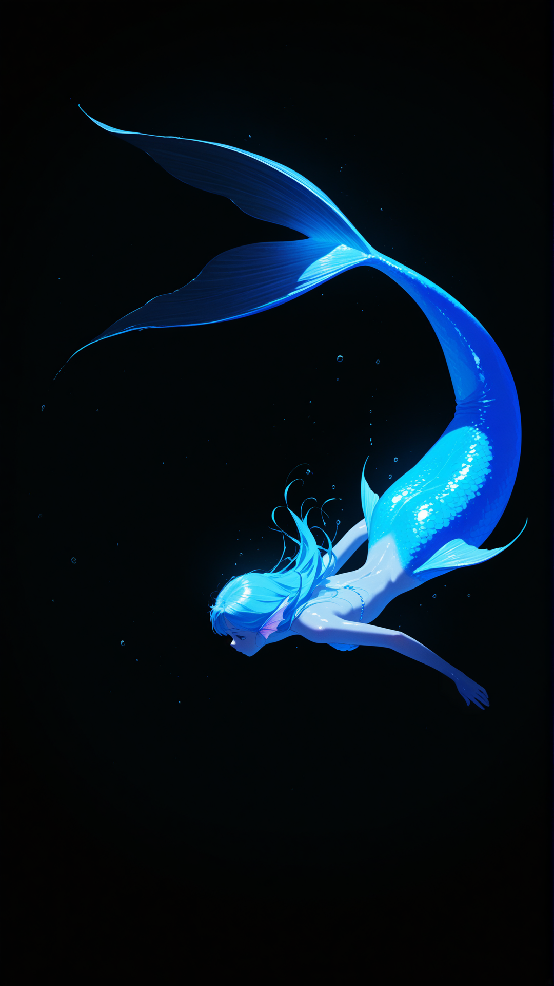 masterpiece, best quality, amazing quality, very aesthetic, absurdres, highres, newest, 2024, HDR, 8K, high detailed, detailed background, shiny skin, subtle lighting, high contrast, dak depth, masterful shading, low kye, dak depth, chiaroscuro, impasto,
1girl, solo, mermaid, (dark), (black background), black shadow, blue neon, bloom, deep sea, swimming fish, mystical, a miraculous scene, cinematic composition,