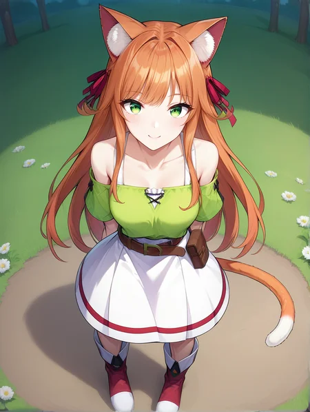 score_9, score_8_up, score_7_up, source_anime
kanade, orange hair, long hair, animal ears, animal ear fluff, green eyes,red hair ribbon, cat tail, two-tone tail, green shirt, off shoulder, bare shoulders, white skirt, red strip on skirt, brown belt, belt pouch, white bra, 1girl, solo, boots, red footwear, white footwear, field, flowers, night standing, from above
hands on chest
<lora:kanade from beast tamer v0.1:1> <lora:Expressive_H:0.2> <lora:StS_PonyXL_Detail_Slider_v1.4_iteration_3:0.2>
