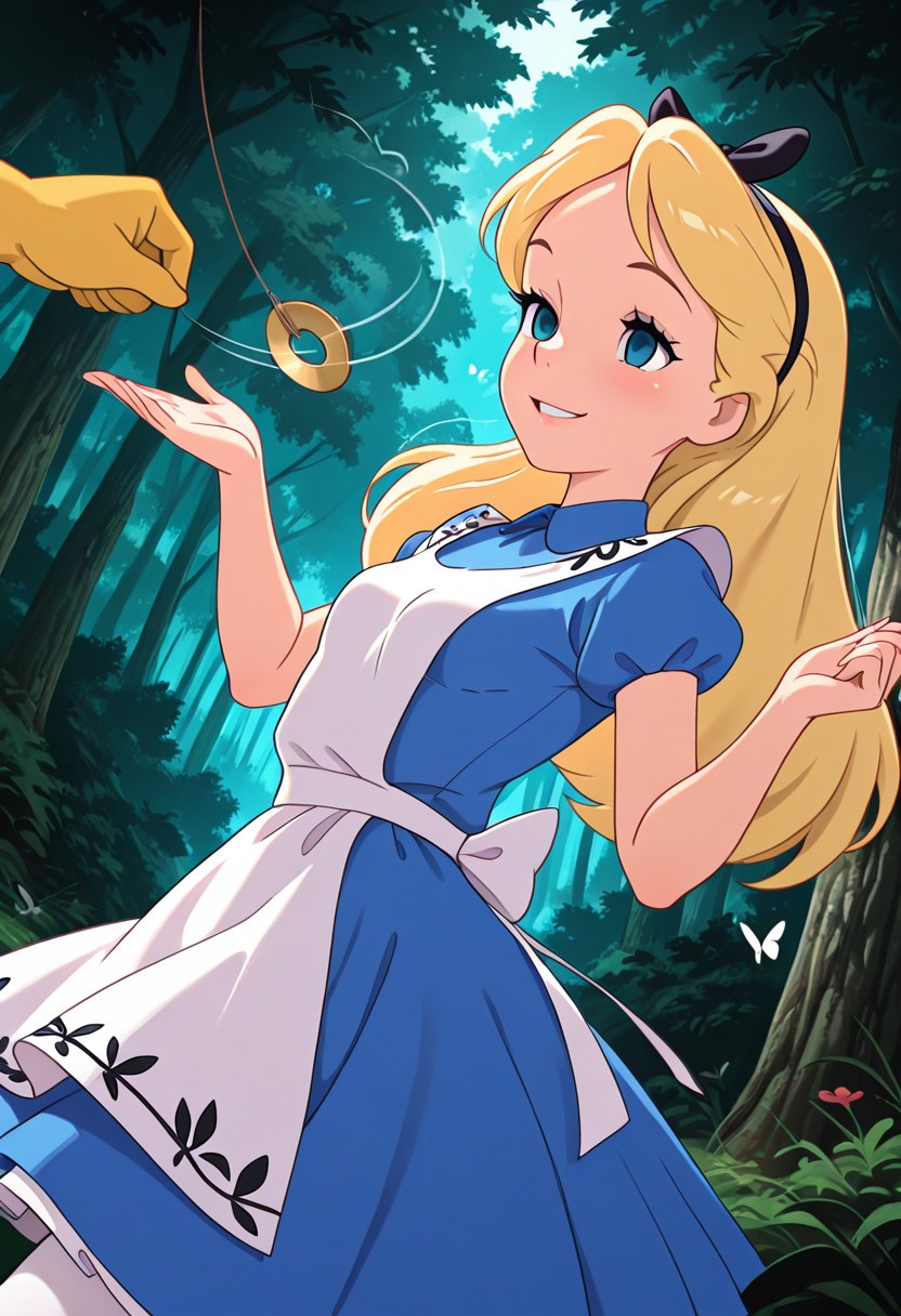 alicexd hypnotized
score_9, anime, 1girl, lewd, smooth, 
mind control, hypnosis, pendulum, looking at pendulum, empty eyes,
Hypno pokemon, out of frame male, sideview,
masterpiece, best quality, amazing quality, very aesthetic, absurdres,  newest, detailed background, outdoors, dynamic angle, forest, butterflies, 4k, 8k, 
alicexd, 1girl, solo, blonde hair, long hair, hairbow, blue dress, white apron, bow, cowboy shot, white tights, small breasts,  looking at viewer, blue eyes, smile, dancing,
<lora:Alice_-_Disney_Illustrious:1>