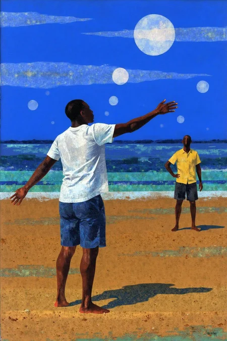 mixed media collage.  Two men standing on a sandy beach. The man on the left is wearing a short-sleeved white t-shirt and blue shorts. His right arm is stretched out in front of him, while his left arm is extended out to the side. A man in a yellow shirt and black shorts is standing in the distance, looking up at the sky. The sky is a deep blue, with a few large, round, white, circular lights dotting the scene. The sun is setting, casting a shadow on the right side of the image. <lora:ekho_collage_nocap_d6a3e12:1.0><lora:824682060972105825:0>
