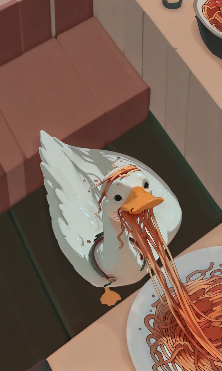 embedding:IllusP0s, g00se, goose, no humans, animal focus, eating spaghetti, indoors, restaurant, from above, solo,<lora:g00se_v2_ill.safetensors:1.0:1.0> <lora:spaghetti_eating.safetensors:1:1>
