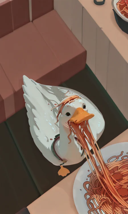 embedding:IllusP0s, g00se, goose, no humans, animal focus, eating spaghetti, indoors, restaurant, from above, solo,<lora:g00se_v2_ill.safetensors:1.0:1.0> <lora:spaghetti_eating.safetensors:1:1>