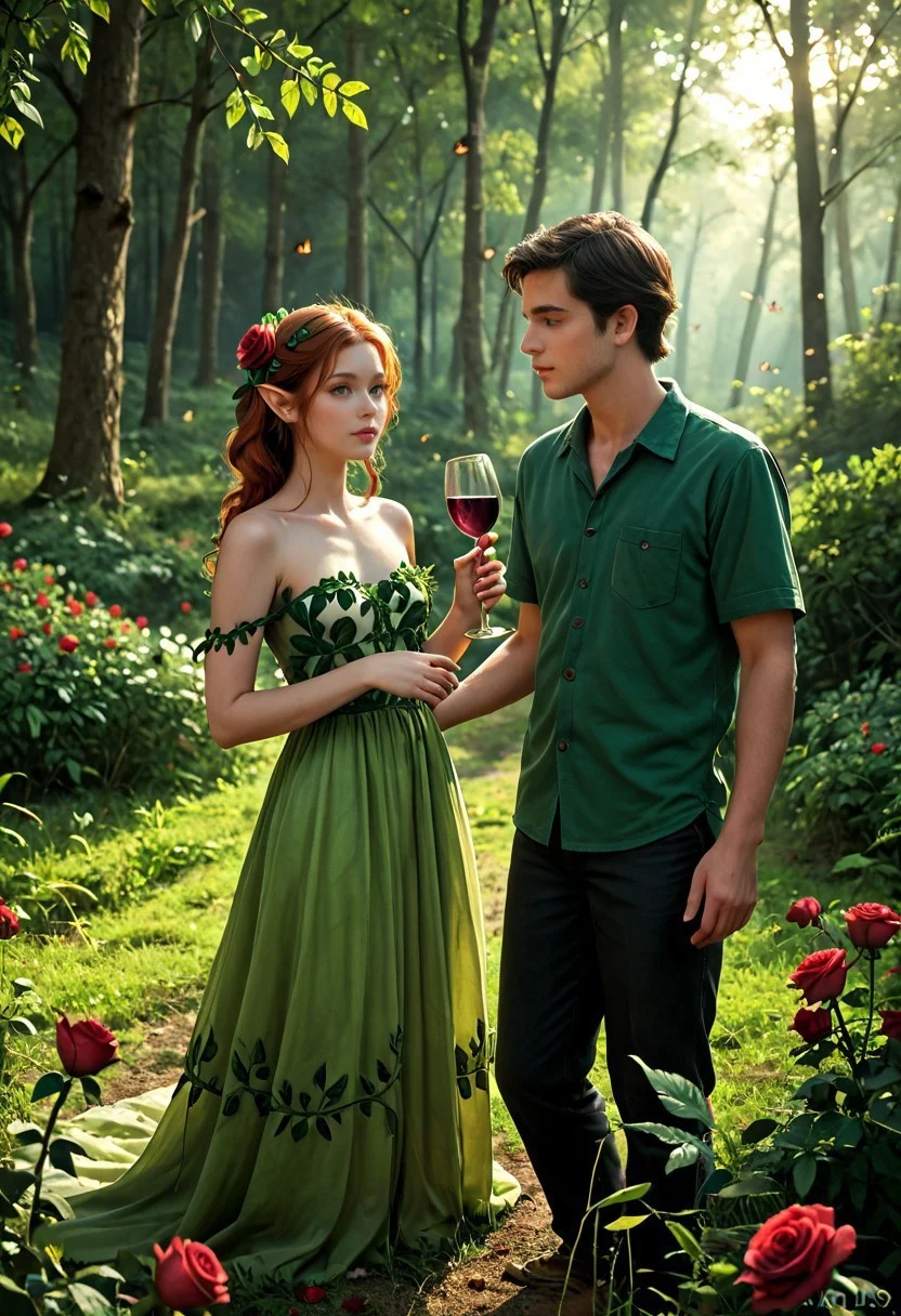 safe_pos, masterpiece,best quality, highly detailed, sfw, score_9, score_8_up, score_7_up, score_6_up, 1girl, dryad, green skin, roses in hair, long flower dress, 1boy, elf, green tunic, offering glass of wine.
Enchanted forest, night,, fireflies, very romantic, soft lighting.