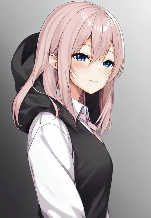 1girl, bangs, by sky-freedom,upper body, from side, turning , pink hair, blue eyes, squinting, looking at viewer, hood, collared shirt<lora:skyfreedom-v1-8k-lora:1.5>