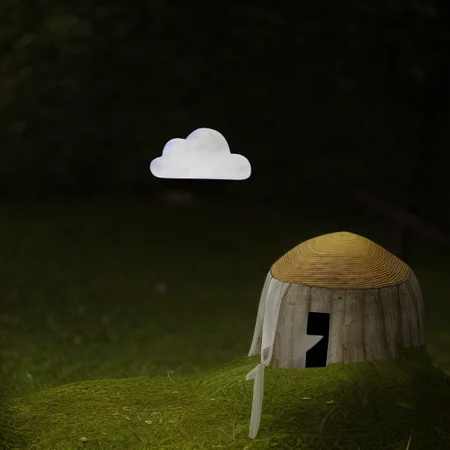 leaf, barefoot, solo, moss, cloud, black hair, forset, house, reflection, hat, bird, forest, sky, lantern, scenery