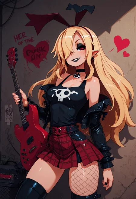 masterpiece, best quality, 1girl, solo, eyelashes, (beautiful eyes), <lora:PunkFlonneCitronOC_IXL:1.0>, zzFlonneCitron, red eyes, blonde hair, long hair, pointy ears, black leather jacket, ripped fishnet tights, plaid skirt, heavy eyeliner, punk boots, graffiti-covered alley, neon lights, microphone, electric guitar, rebellious smirk, confident stance â Under the flickering neon glow, zzFlonneCitron grips the microphone, her voice cutting through the roar of the underground punk scene. A studded leather jacket hangs off her shoulders, her plaid skirt sways as she leans into the music, and her ripped fishnet tights reveal hints of skindentation. Behind her, a wall of graffiti adds to the chaotic energy, spray-painted slogans of rebellion blending into the electric atmosphere of the night.