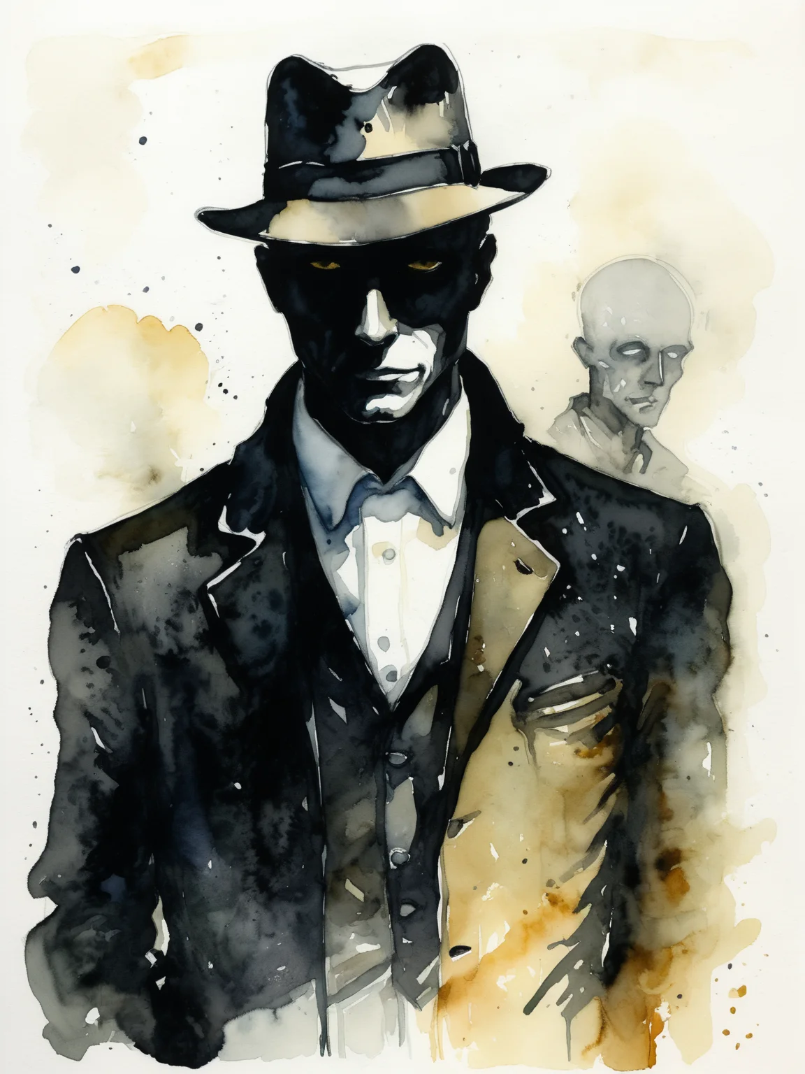 portrait of a The Shadow Man - An ethereal figure that lurks in the background, whose motives are unclear, noir style, ink and watercolor, half of full figure, flat white background
<lora:xl_more_art-full-beta2:1>