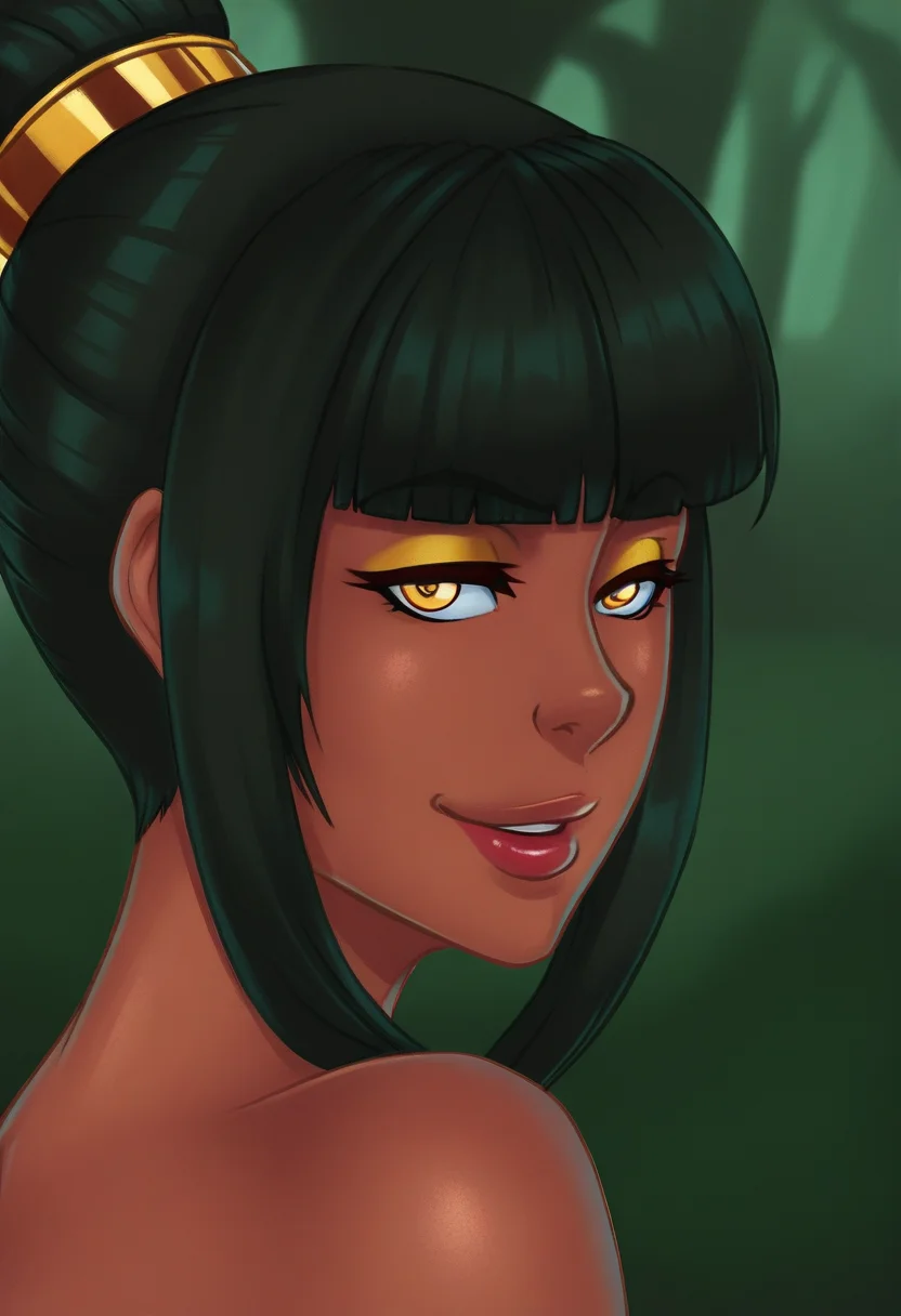beautyfull color, aesthetic, 2d,
N0M0,
close-up shot,
1girl,
jasmine, dark-skinned female, human, yellow eyes, black hair, single hair bun, blunt bangs, sidelocks, makeup, yellow nails, nail polish,
white shiny sexy dress,
looking at viewer, smile,
forest, noise, grainy,
<lora:KODNN_Illustious_v0.1-000015:0.9>