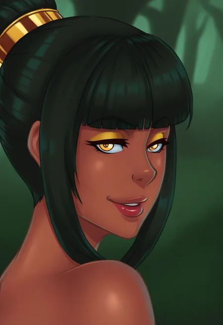 beautyfull color, aesthetic, 2d,
N0M0,
close-up shot,
1girl,
jasmine, dark-skinned female, human, yellow eyes, black hair, single hair bun, blunt bangs, sidelocks, makeup, yellow nails, nail polish,
white shiny sexy dress,
looking at viewer, smile,
forest, noise, grainy,
<lora:KODNN_Illustious_v0.1-000015:0.9>