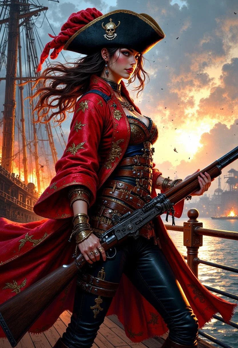 oil painting, rough, textural, broad brush strokes, portrait of Android 18, wear stunning chinese pirate woman costume, tricorne hat, banadna, holding flintlock musket, standing on deck of burning ship, mythp0rt