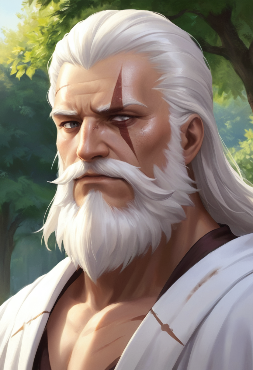 anime,illustration,Reinhardt sits on an outdoor bench in his priestly robes,sunning himself,upper body,<lora:xl-reinhardt-000012:0.5>,scar across eye,beard,white hair,