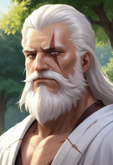 anime,illustration,Reinhardt sits on an outdoor bench in his priestly robes,sunning himself,upper body,<lora:xl-reinhardt-000012:0.5>,scar across eye,beard,white hair,
