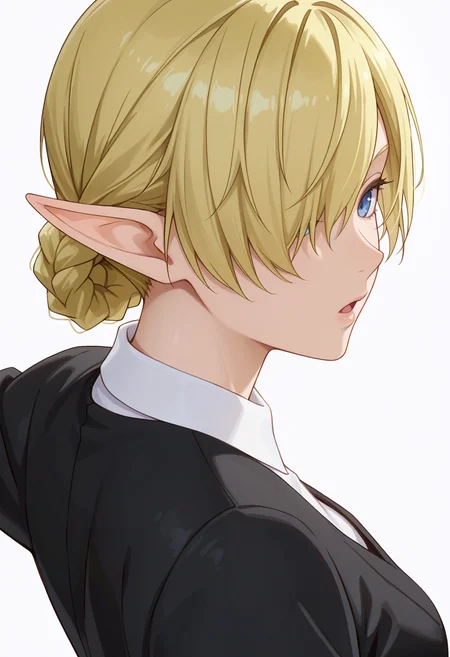 Smooth Quality,masterpiece,very intricate, high quality details, ultra realistic, high detailed skin,detailed enviorement,absurdres,
simple background, white background,
from side,dancing,
:o,solo,
<lora:Kagali_cnn:0.8> 1girl, blonde hair, blue eyes, pointy ears, elf,short hair, braid, hair over one eye,suit, white shirt,