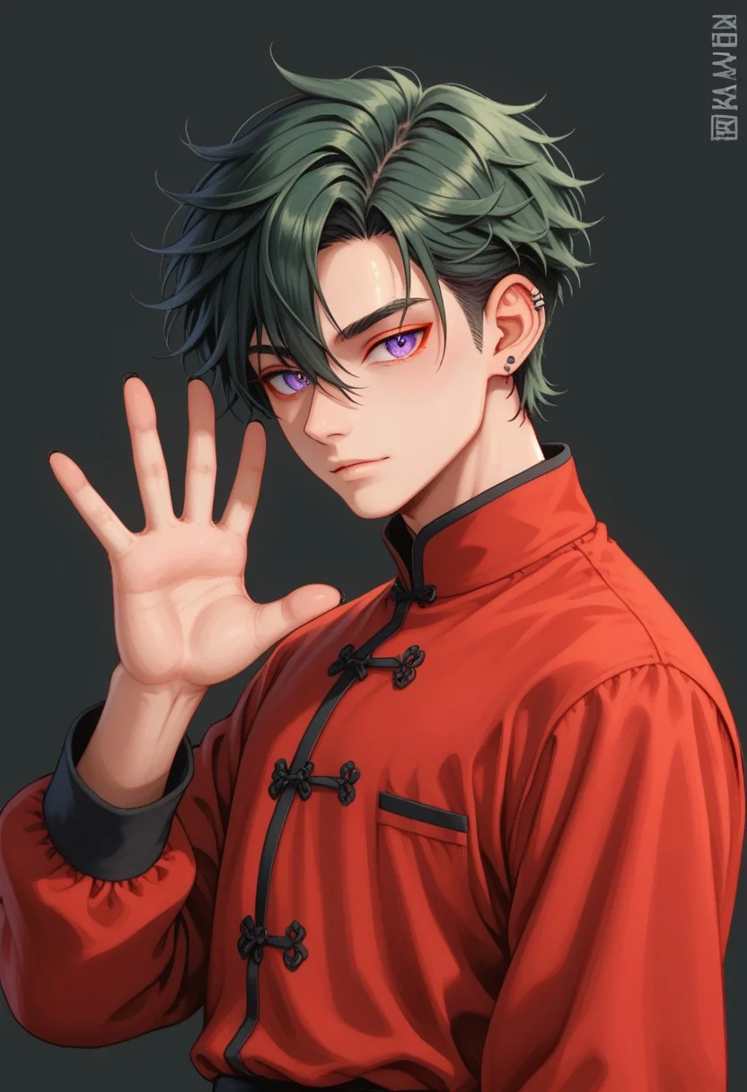 score_9, score_8_up, score_7_up, rating safe, 8k portrait, 1 boy,solo, full body, cowboy_shot, male focus, AntherimA, purple circular eyes, slit pupils, dark green hair, hair between eyes, asymmetrical hair parting, light_red_eyeshadow, ((1_earstud_left_side)), 20 years old, stoic pose, chinese_royal, chinese_clothing, waving, long large sleeves, red clothing, black_waistband, long flowing fabrics,layered clothing , black nail varnish, highly detailed, professional photography, masterpiece, (finely detailed beautiful eyes: 1.2), hdr, black_background