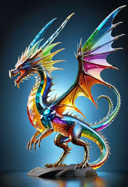 A dragon made out of crystal, ultra detailed, enhanced, prismatic colors, flying but preparing to land, large wings outstretched with ribs showing in the wings. Long neck with spines along the top, impressive head with open, non threatening expression,