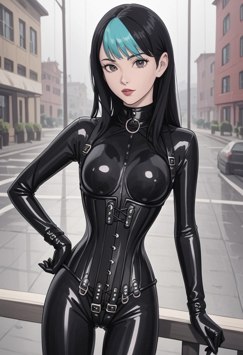 A beautiful petite woman in her 20s with a rainbow hair in black leather bodysuit, long sleeves, {cowboy shot, head turned, looking at viewer}, {hair flowing, head tilted}, black rubber gloves, corset, HW_Corset, collar, tight black latex pants, belts, slim body, posing in a rainy street