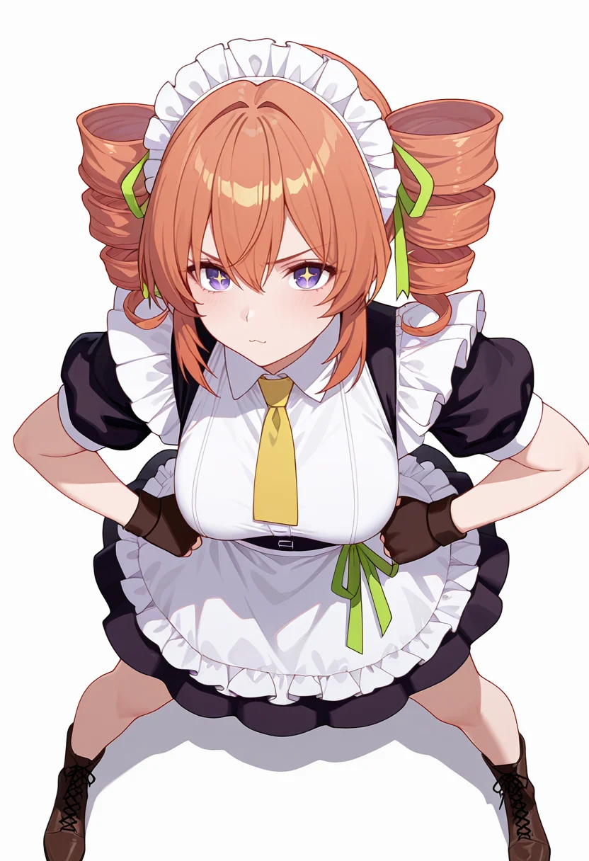 Smooth Quality,masterpiece,very intricate, high quality details, ultra realistic, high detailed skin,detailed enviorement,absurdres,
v,
<lora:Gertrude_Rainsworth_CNR_r2:0.8> gertrude_cnr, 1girl, orange hair, twin drills, purple eyes, hair between eyes, medium breasts,black dress, maid apron, frilled apron, puffy short sleeves,fingerless gloves, cross-laced footwear, yellow necktie, green ribbon,maid headdress, hair ribbon,, simple background, white background, from above,
standing pose, arms akimbo, feet slightly apart, determined expression, balanced posture, ,, + +,
