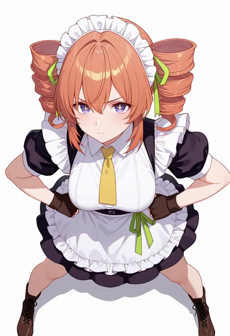 Smooth Quality,masterpiece,very intricate, high quality details, ultra realistic, high detailed skin,detailed enviorement,absurdres,
v,
<lora:Gertrude_Rainsworth_CNR_r2:0.8> gertrude_cnr, 1girl, orange hair, twin drills, purple eyes, hair between eyes, medium breasts,black dress, maid apron, frilled apron, puffy short sleeves,fingerless gloves, cross-laced footwear, yellow necktie, green ribbon,maid headdress, hair ribbon,, simple background, white background, from above,
standing pose, arms akimbo, feet slightly apart, determined expression, balanced posture, ,, + +,