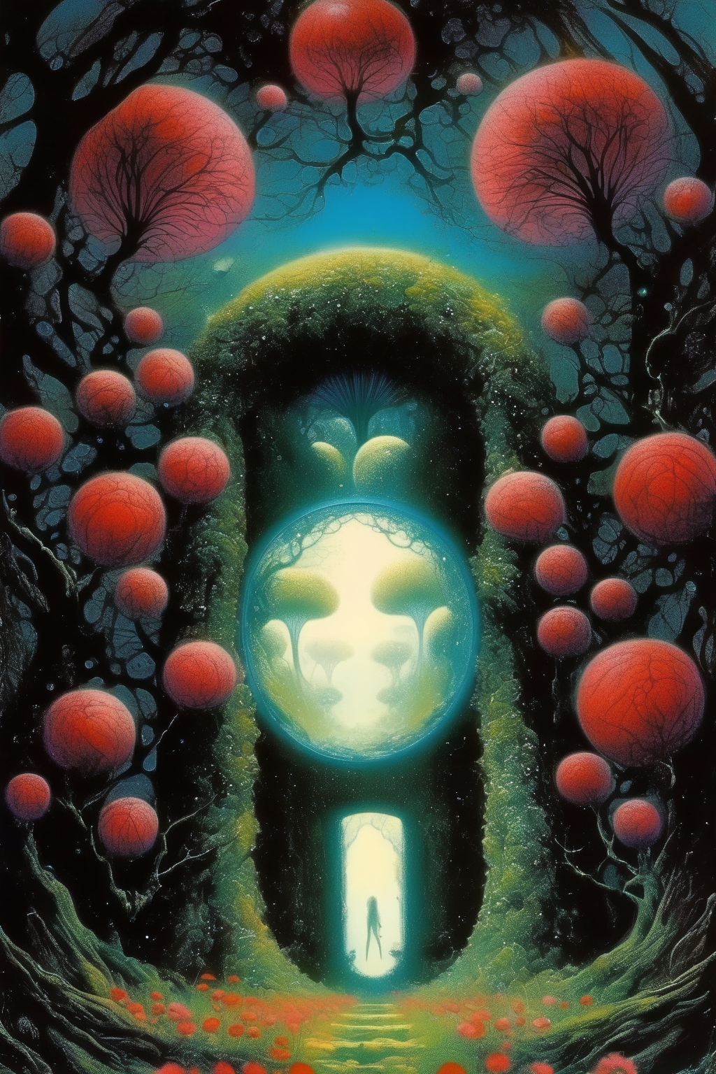 <lora:Philippe Druillet Style:1>Philippe Druillet Style - portal to another reality, universe, flowers, tree, nature, atmosphere,