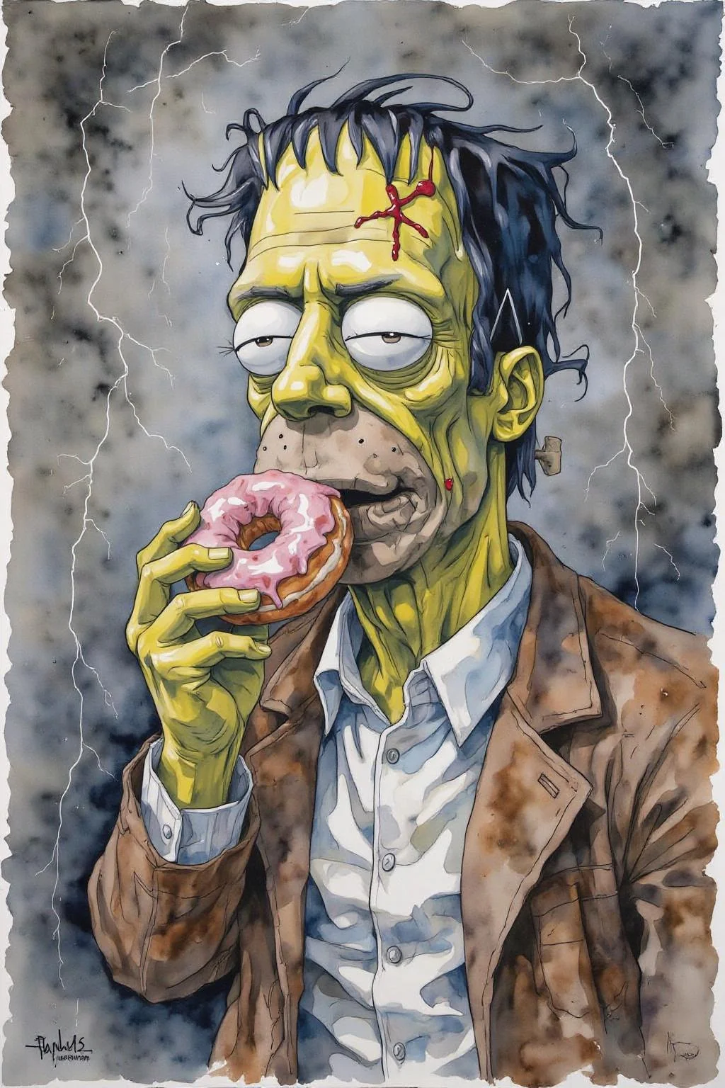 yawc1 watercolor.
Homer Simpson dressed as Frankenstein, eating a doughnut during a thunderstorm <lora:yawcolor_nocap_d6a3:1.0> <lora:Flux-Sch-SingleBlocks-BF16:1.0><lora:799114812148810465:0>