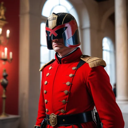 jdgdrdd cosplay british guard, helmet, armor, red coat, victorian, epaulets, black hat,   high quality, 4k resolution  blurry foreground, 8k resolution, bokeh, <lora:Char_maj-JudgeDredd2012v2-SDXL:0.75> greek architecture, indoor museum, on display