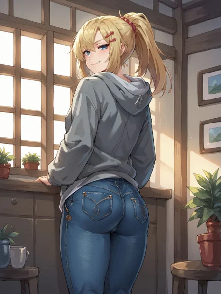 score_9, score_8_up, score_7_up, score_6_up, mikoyanstyle,
1girl, solo, long hair, looking at viewer, smile, hair ornament, long sleeves, closed mouth, blue eyes, standing, ponytail, ass, hairclip, looking back, indoors, hood, from behind, blonde hair, hoodie, hood down, smug, grey hoodie, jeans,
<lora:mikoyan_style_v1:0.8>,