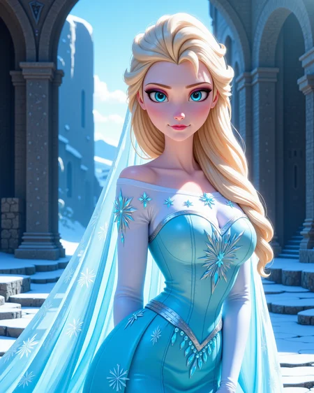 -looking at viewer, outdoors daylight, a 20 year old adult mature woman.
<lora:Frozen_-_Elsa_v2_000030:1> f-elsa, blue eyes, blonde hair 
wearing an ice blue off-shoulder gown with sparkling snowflake patterns, sheer icy cape flowing from back
front view, passport style with upper body in frame